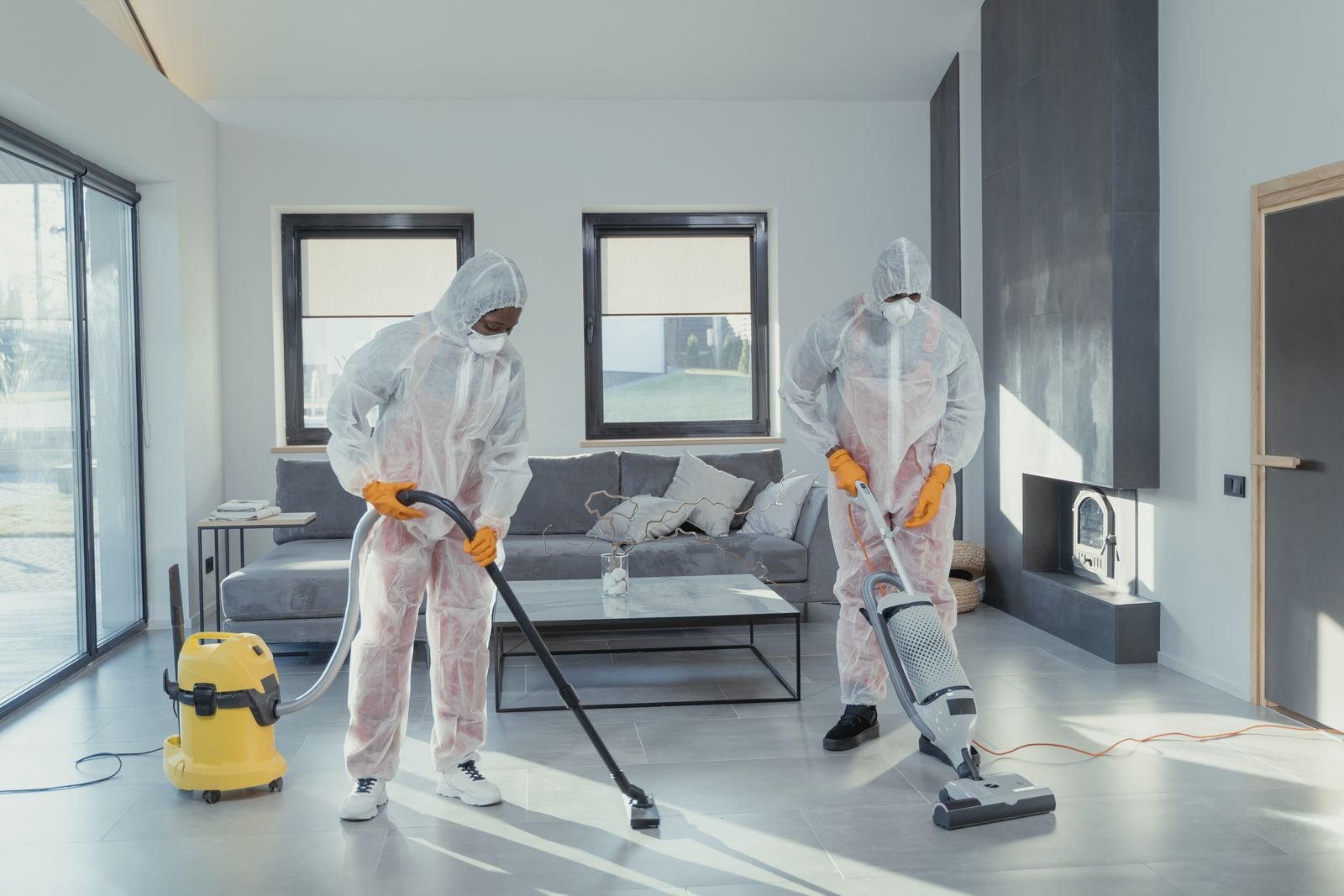 Mold remediation crew performing water extraction after a leak in a Missouri City home